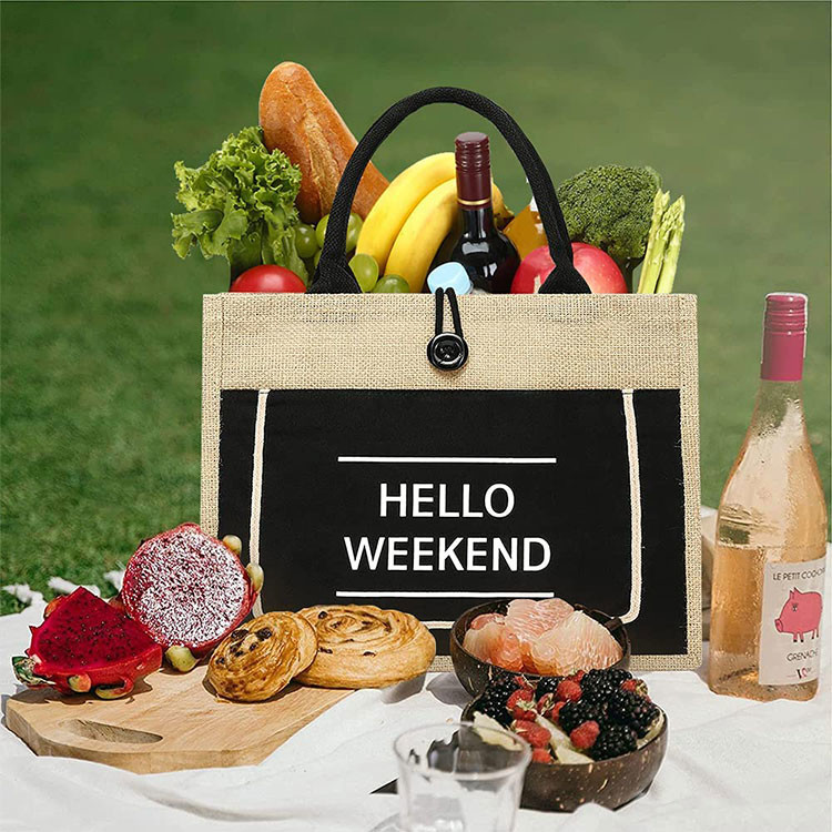 Printed Shopping Jute Tote Bags Organic Burlap Beach Bag