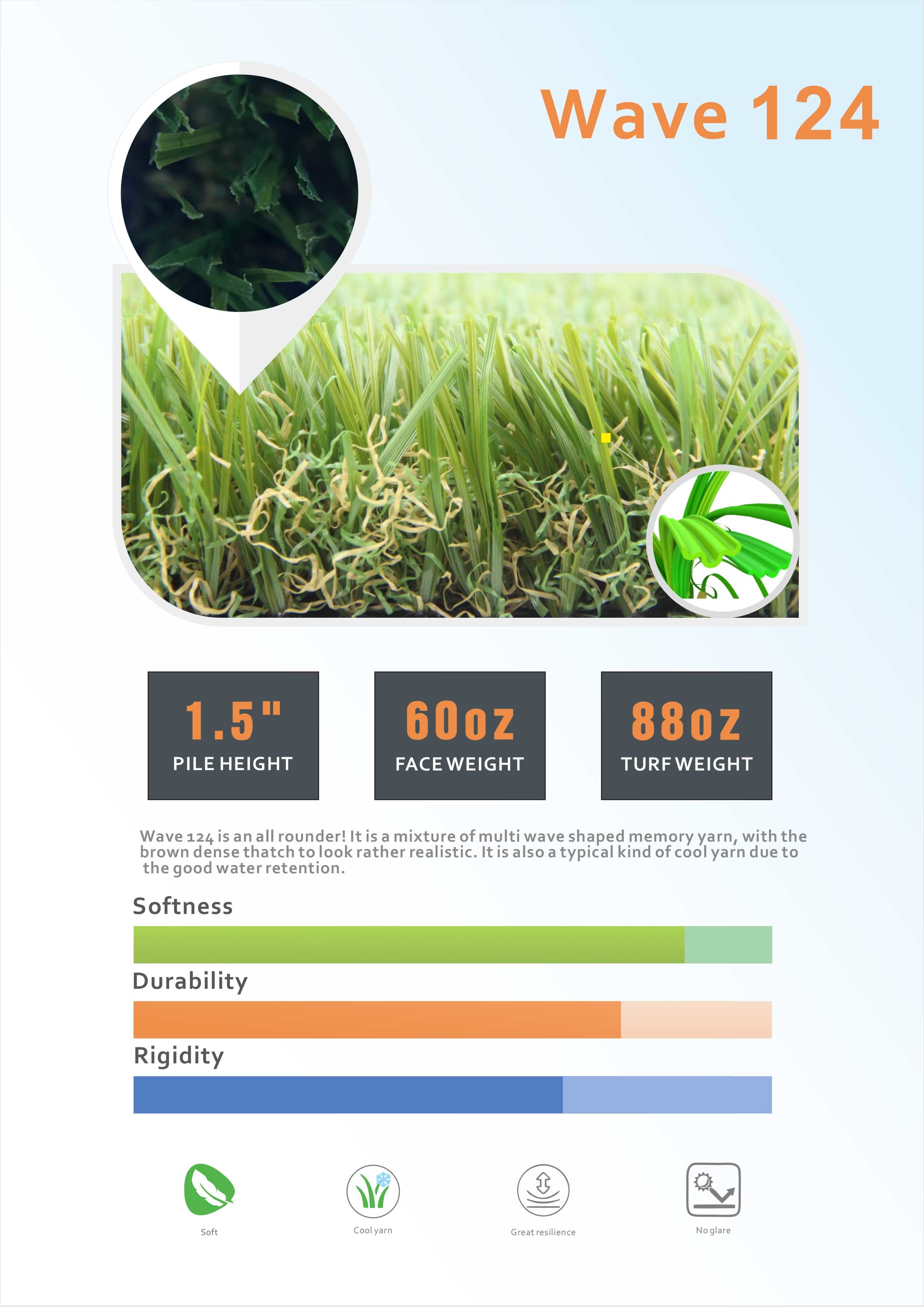 15m Height Artificial Synthetic Turf With W Shaped Yarns matte looking