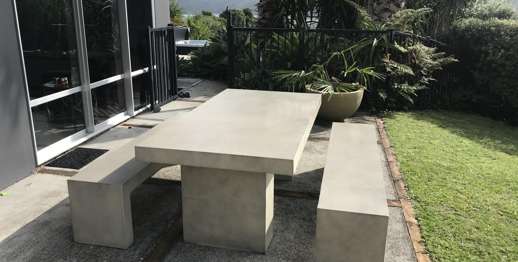 Grey Concrete Rectangle Patio Table Set Outdoor GRC Concrete Table Bench