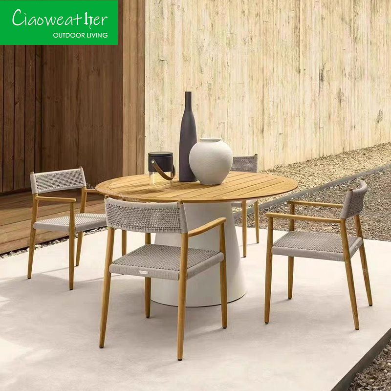 Customized Color Garden Outdoor Luxury Teak wood Dining Chair With Rope Weaving Armrest