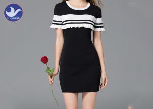 China Summer Crew Neck Short Sleeve Knit Dress Ruffle Stripes Pattern Anti - Shrink on sale