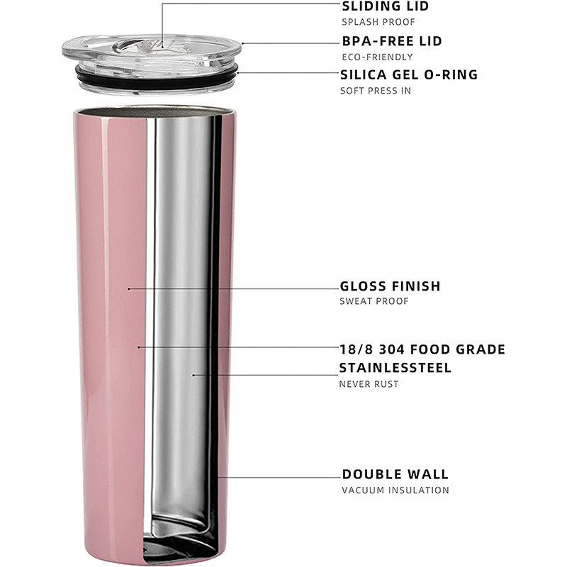 Sublimation Blank 20 OZ Straight Skinny Tumbler With Straw Stainless Steel Double Wall Insulated Tumbler
