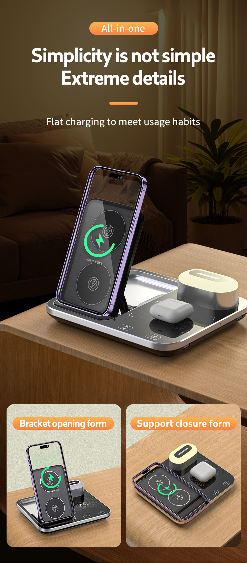 Multifunctional Wireless Charger for Earbuds and Phone 3 In 1 Desktop Fast Charging Station Input 9V/2A Size 165x141.3x13mm