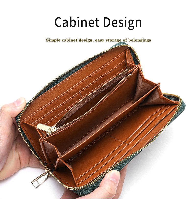 Double Zipper Design Men's Genuine Leather Long Wallet Luxury Purse with Nylon Lining
