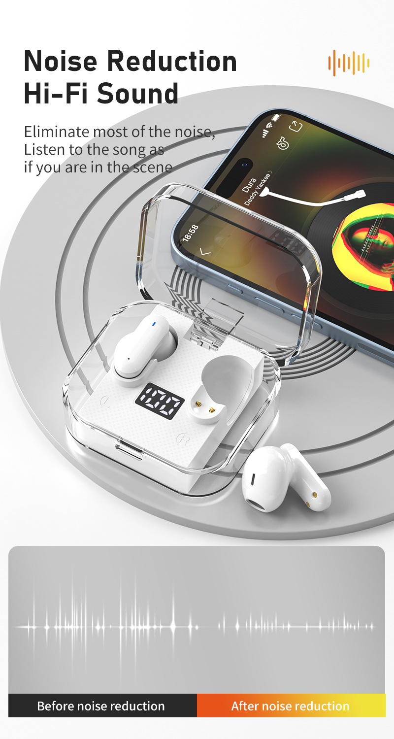 Wireless Music Gaming Headset with Digital Display and Transparent Case Low Latency 2024