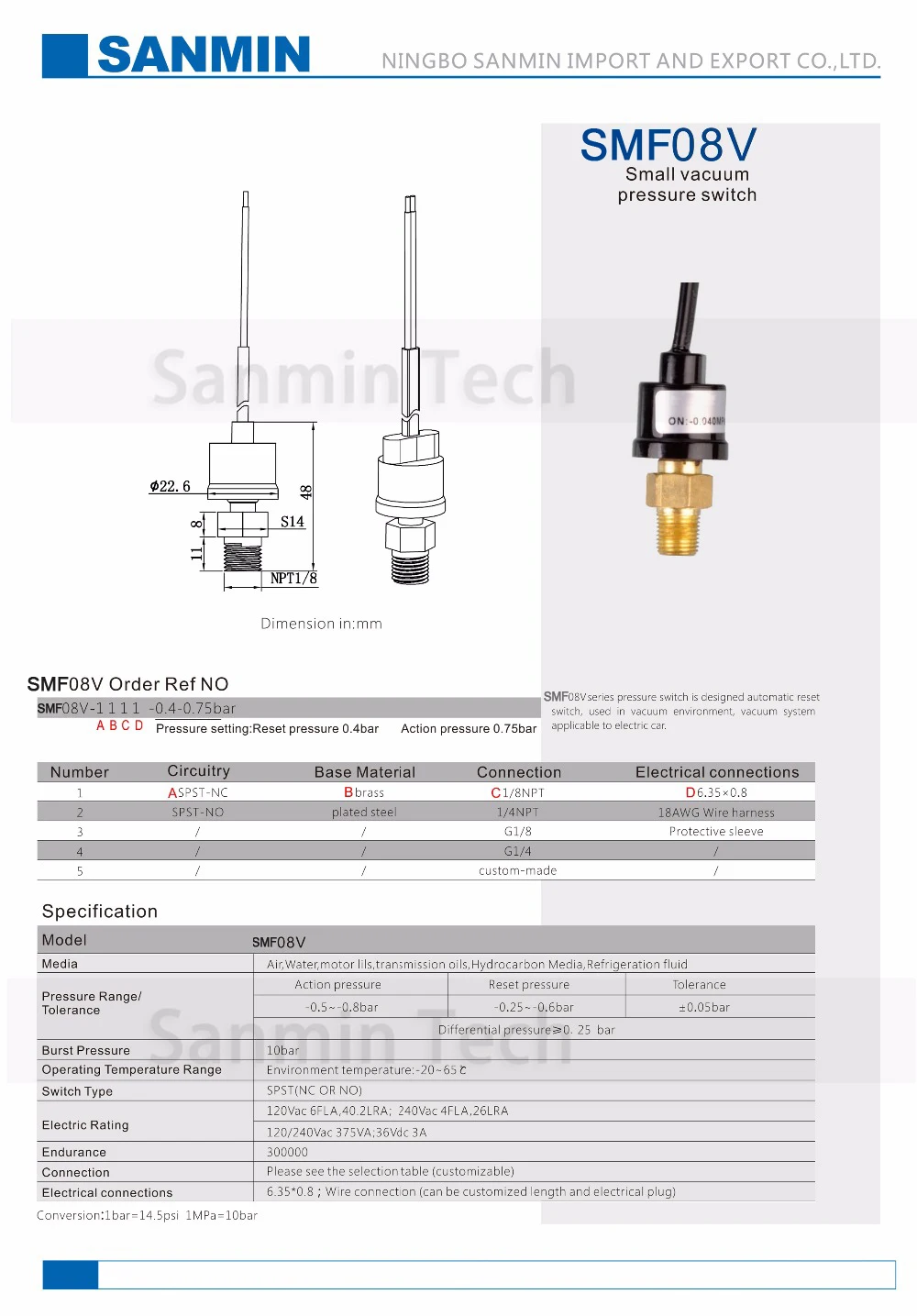 SMF08V Pressure Switch Designed Automatic Reset Small Vacuum Parts Used In Vacuum Environment