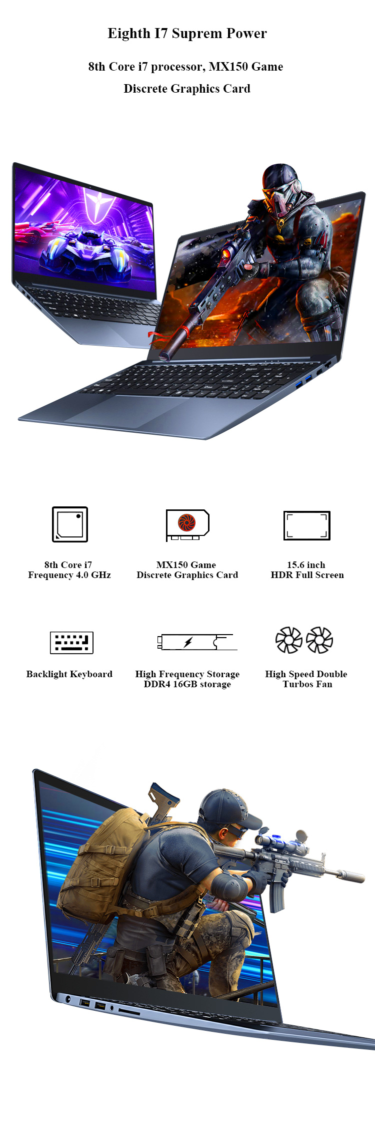 Fast Running 15.6 inch Intel Core i5 8250 Laptop with IPS Panel and Backlit Keyboard