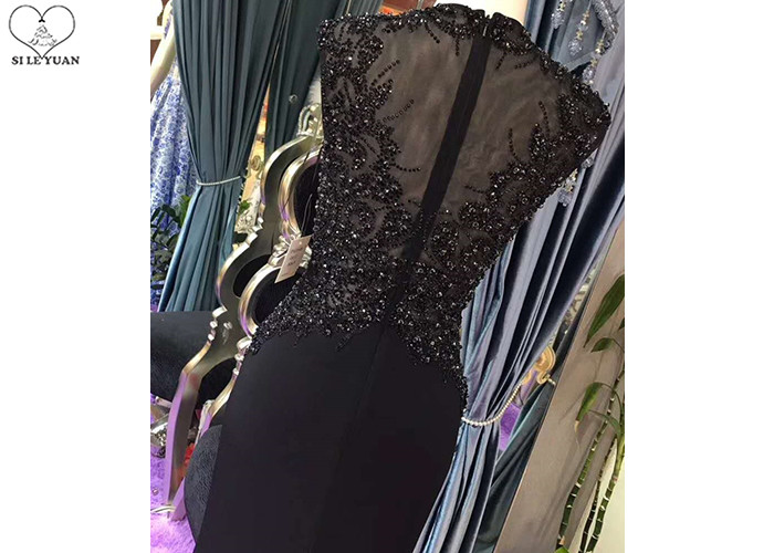 Sleeveless Sexy Black Mermaid Dress Perspective Top Heavy Beading Small Train