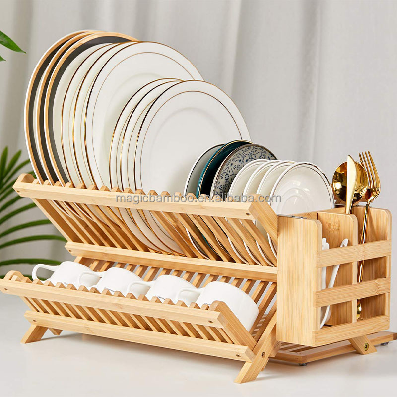 Collapsible 3 tier Bamboo Wooden Dish Drying Rack With Utensil Holder