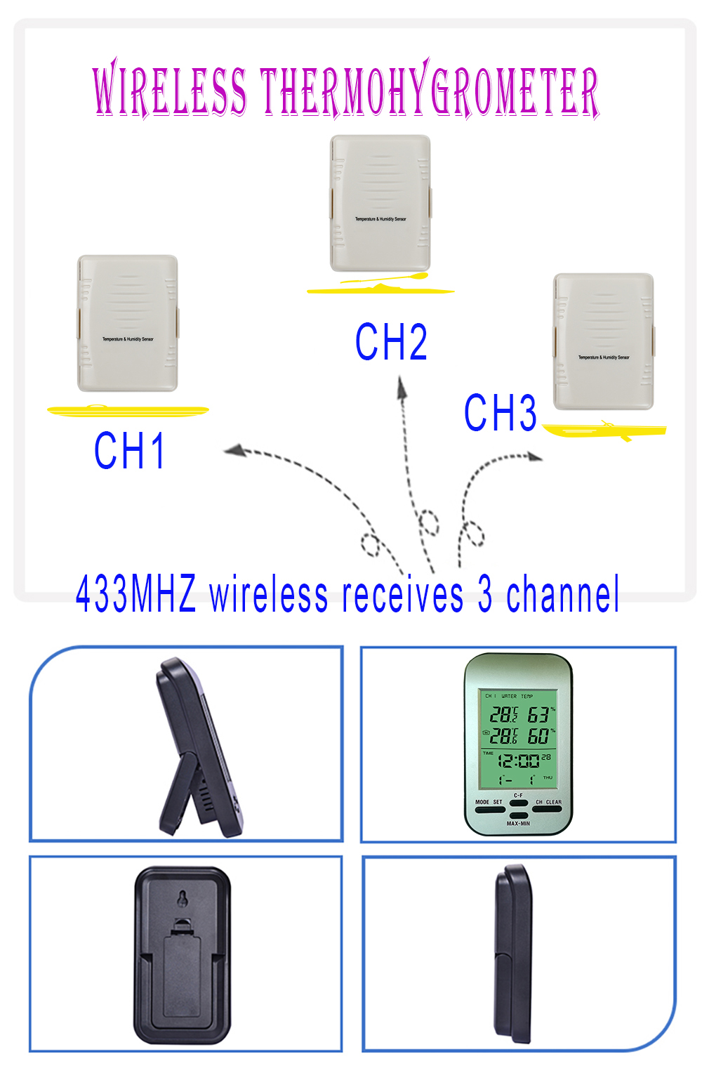 Home Multi-Room LCD Screen Wireless Temperature And Humidity Sensor With Alarm Clock