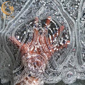 China Luxury White Sequin Glitter Lace Fabric Handmade Embroidered wholesale