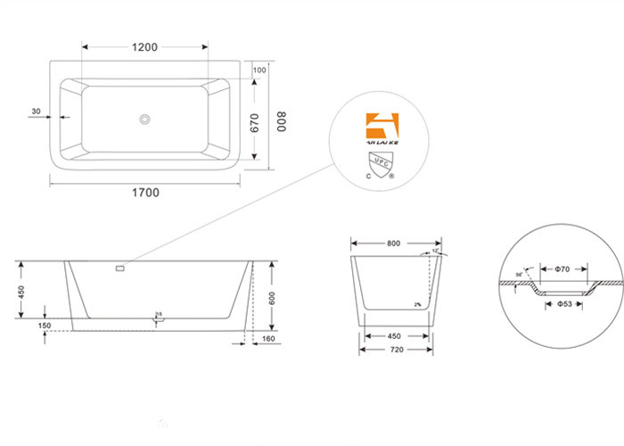 Glossy Solid Surface Acrylic Free Standing Bathtub Indoor Square Shaped