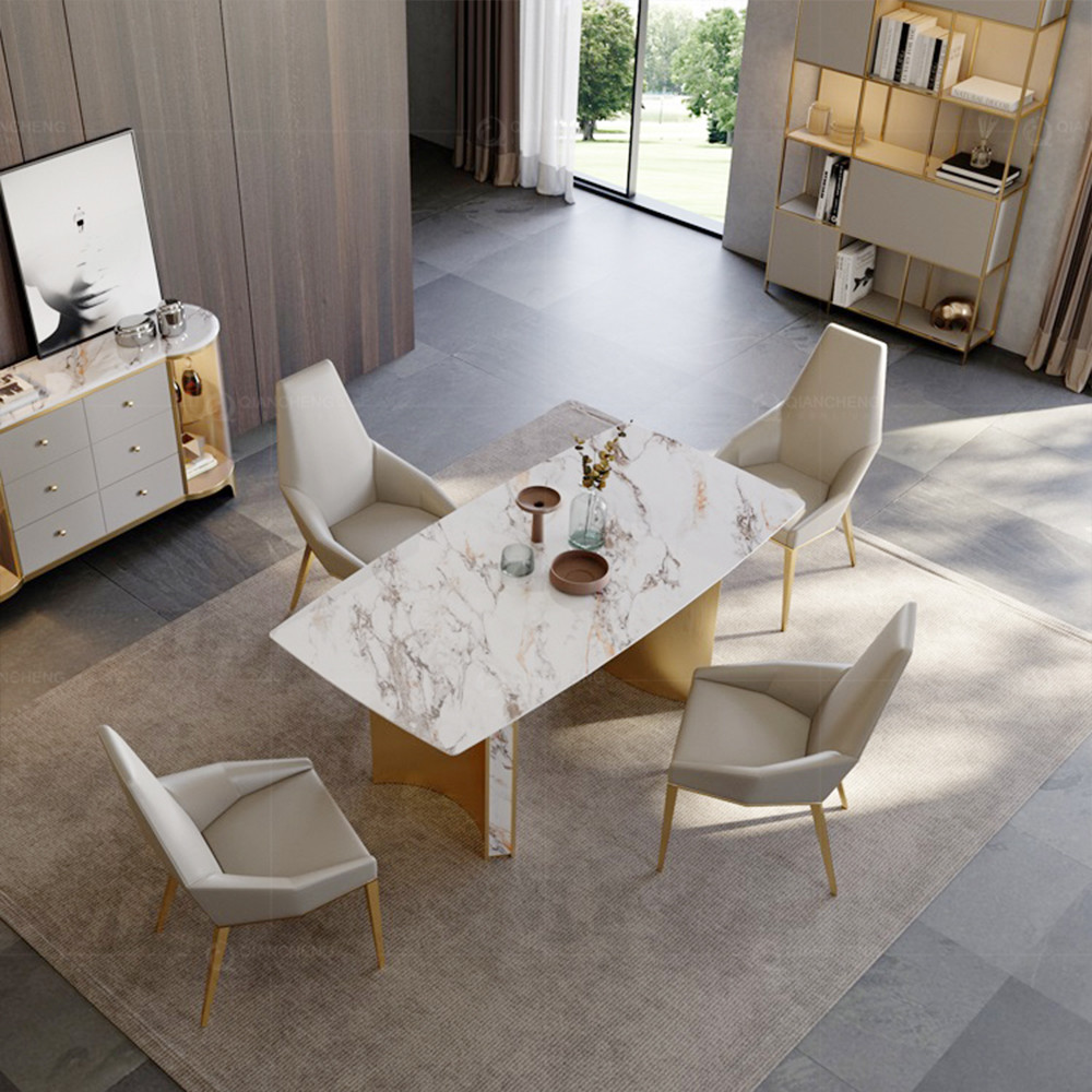 Marble Top SS Steel Furniture Simple Gold Legs Dining Table Set 4 Seater