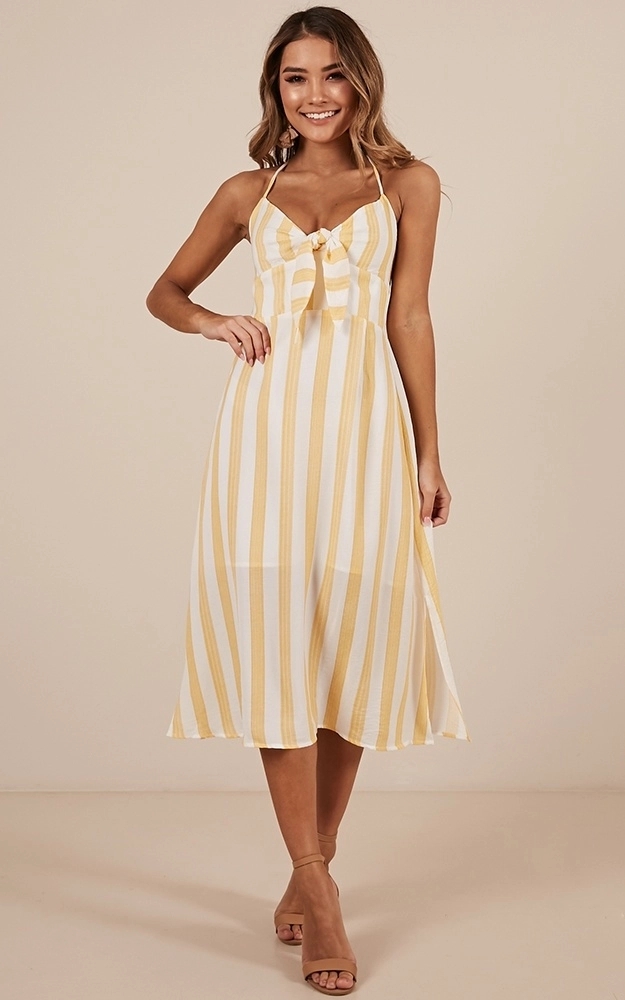 New arrival High Quality Mustard Stripe Beach Dress Summer Women Maxi Dress Ladies Sleeveless