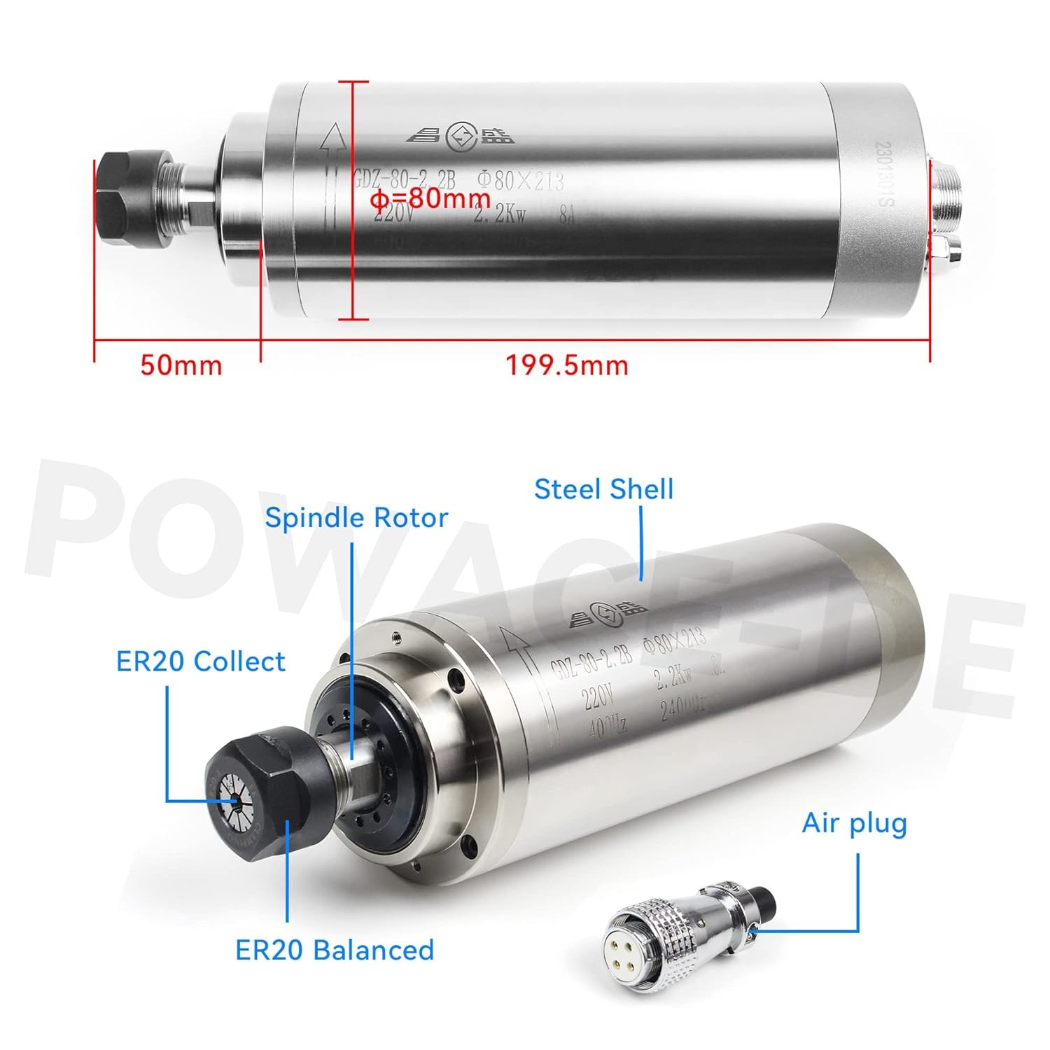 CNC 2.2KW Spindle Motor Water Cooling 220V ER20 Collet For Woodworking Engraving