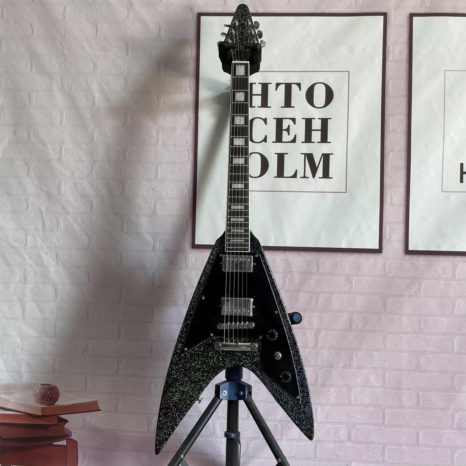 Custom Factory Metallic Grey Silver V Shape Electric Guitar Closed Pickups Mahogany Body Neck
