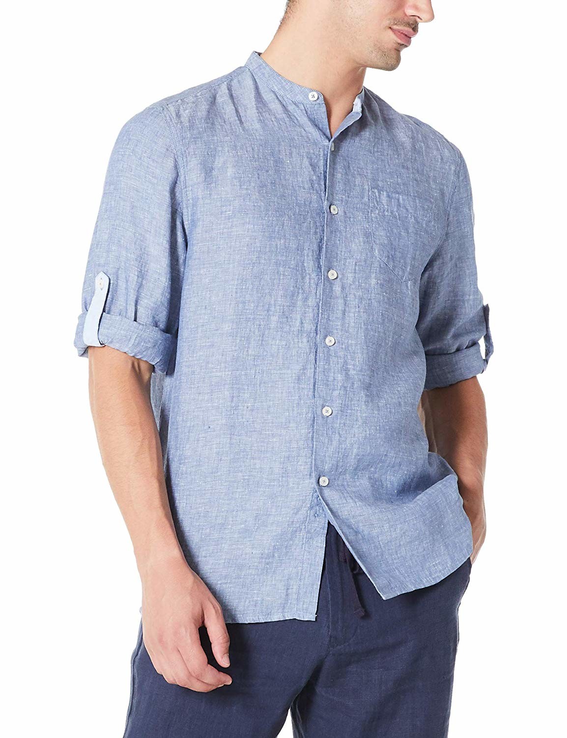 Xxxl Breathable Pure Linen Mens Long Sleeve Shirts Rolled Up With Band Collar