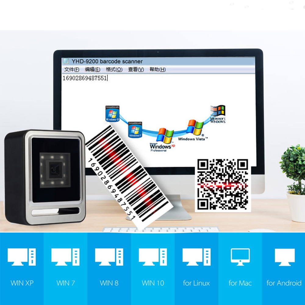 2D Desktop Omnidirectional Laser Scanner COMS USB Bar Code Reader YHD-9200D