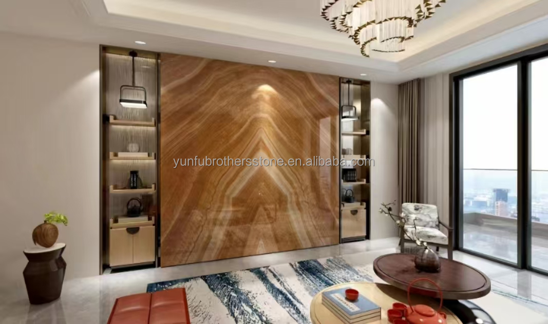 Modern Onyx Marble Gold Vein Wooden Yellow Golden Grain Bathtub Decor for Modern Homes
