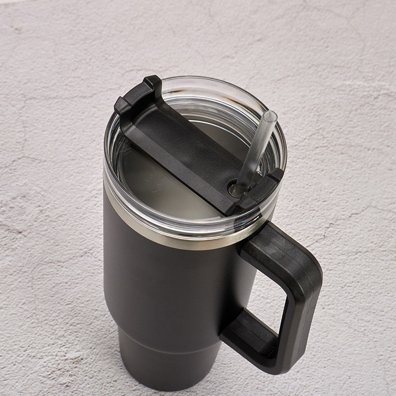 40 Oz Tumbler With Handle And Straw Black Sweat Proof Stainless Steel Insulated Double Wall Tumblers With Lids And Straws BPA-Free