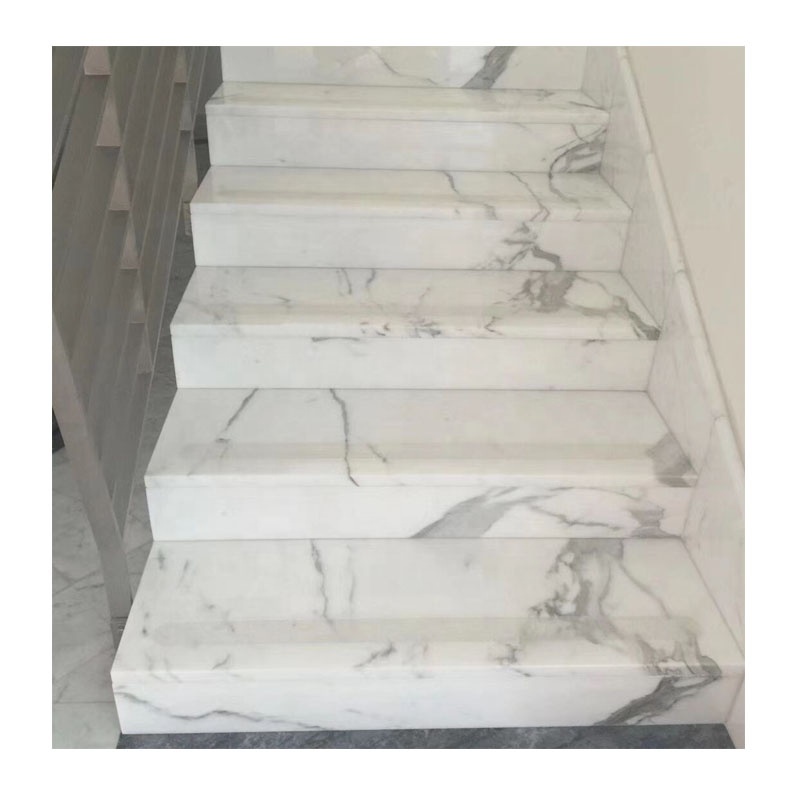 Customized Size European Design Interior White Marble Carved Stair Treads And Risers