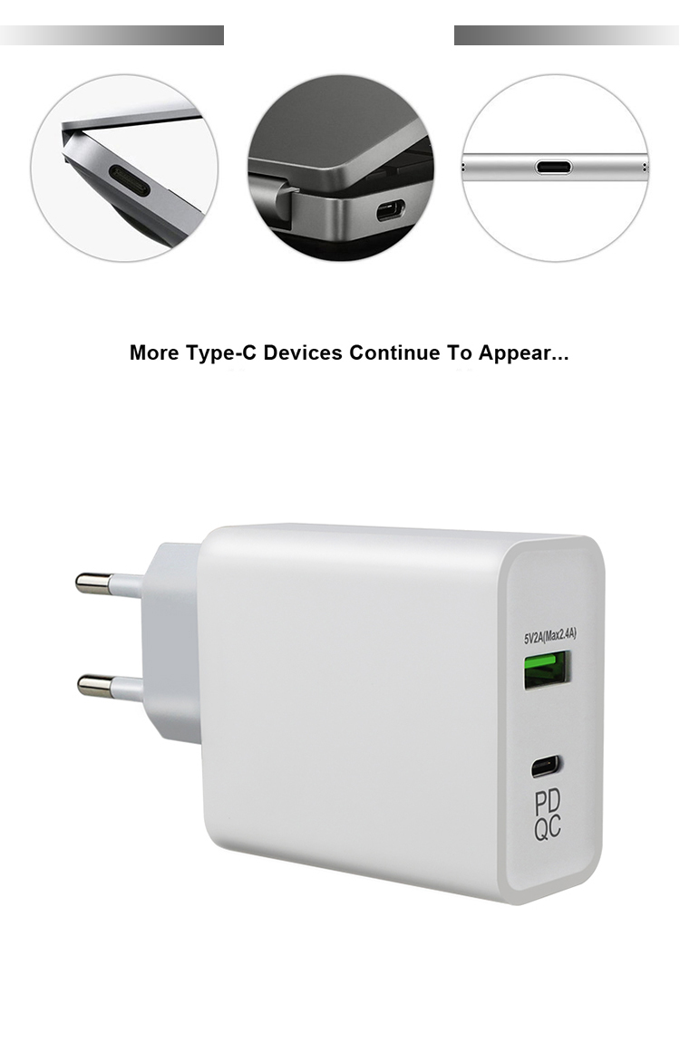45W GaN PD Fast Charger EU Plug with 1 USB-C and 1 USB-A Port