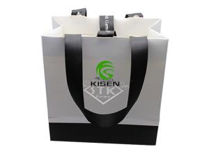 China 150 * 160 * 80mm Recycled Coated Paper Bags , Black / White Retail Bags With Logo wholesale