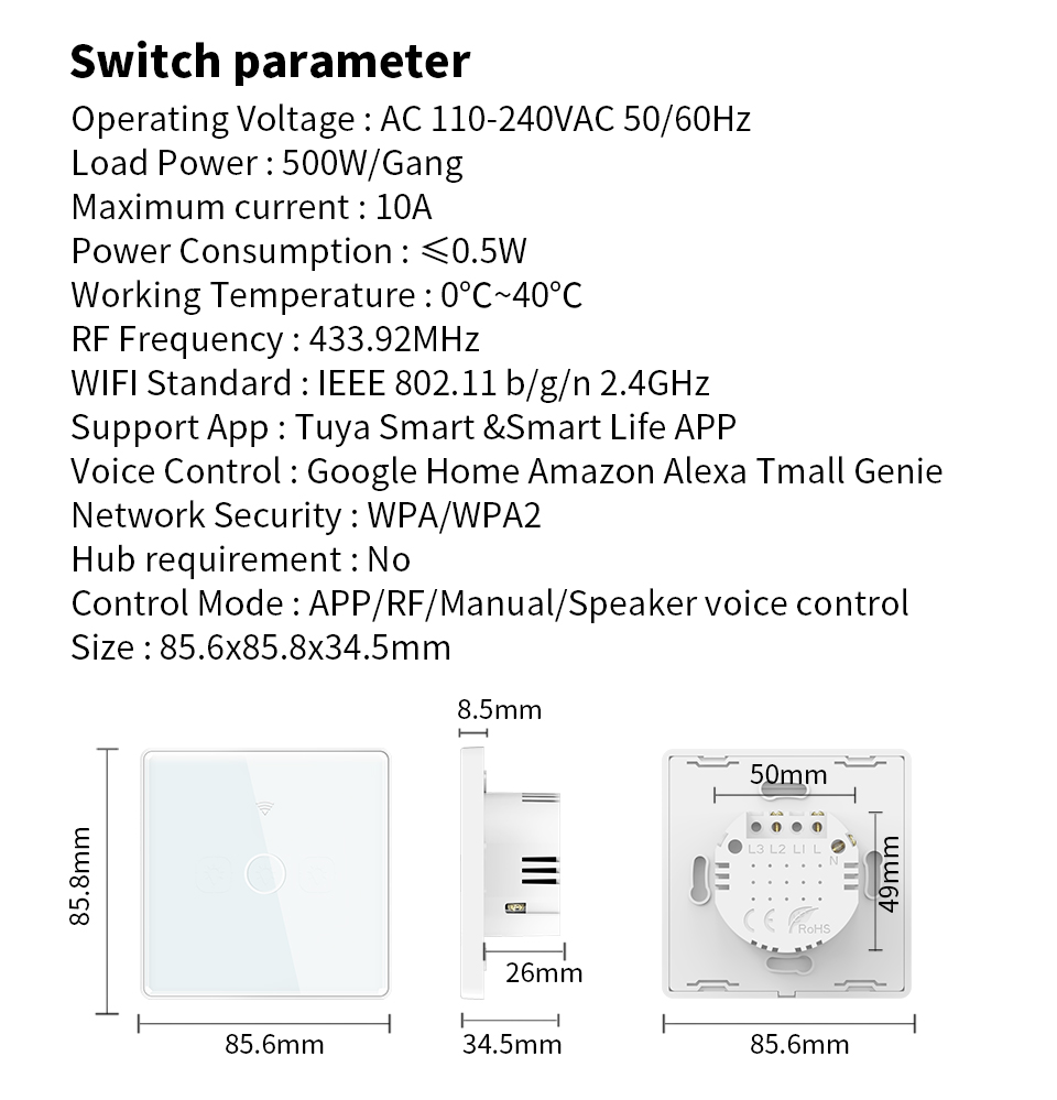 Tuya WIFI Smart Wall Touch Switch Glass Panel LED