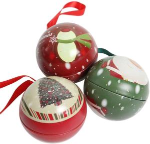 China Christmas Tree Baubles Ornaments Tinplate Candy Tin Box Xmas Tree Ball Pendant Kids Holiday Surprise Gift wholesale