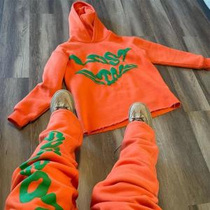 China Cricket Cotton Tracksuit Custom Men'S Hoodie Set Puff Print Stacked Flared Pants wholesale