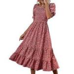Floral Print Dresses Short Puff Sleeve Square Neck Shirred Detail MIDI Women