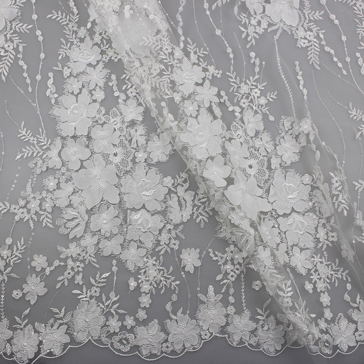 Delicate Embroidery Polyester On Nylon Mesh Lace Fabric With 3D Flower Design