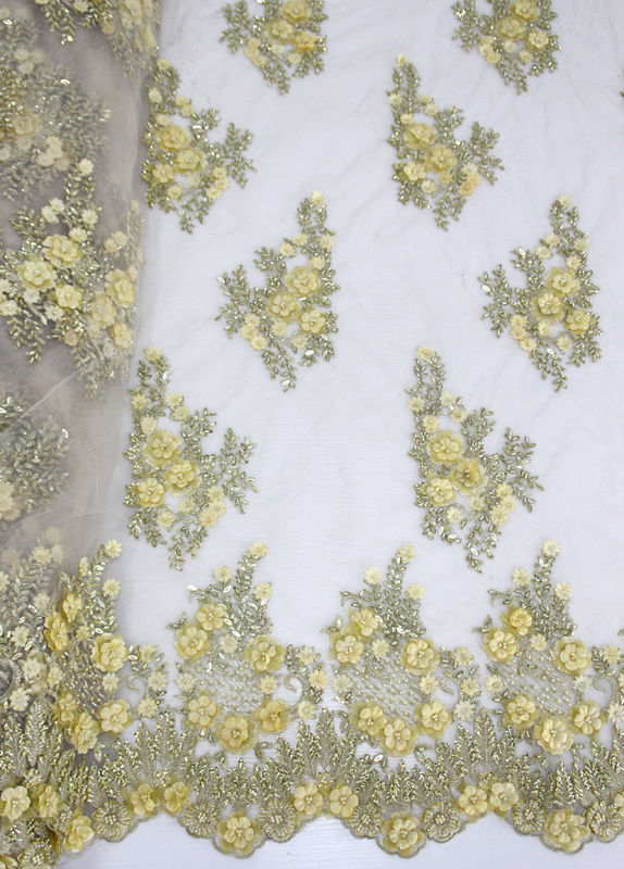 3D Floral Beaded Embroidered Lace Fabric For Evening Dresses 120 CM Width