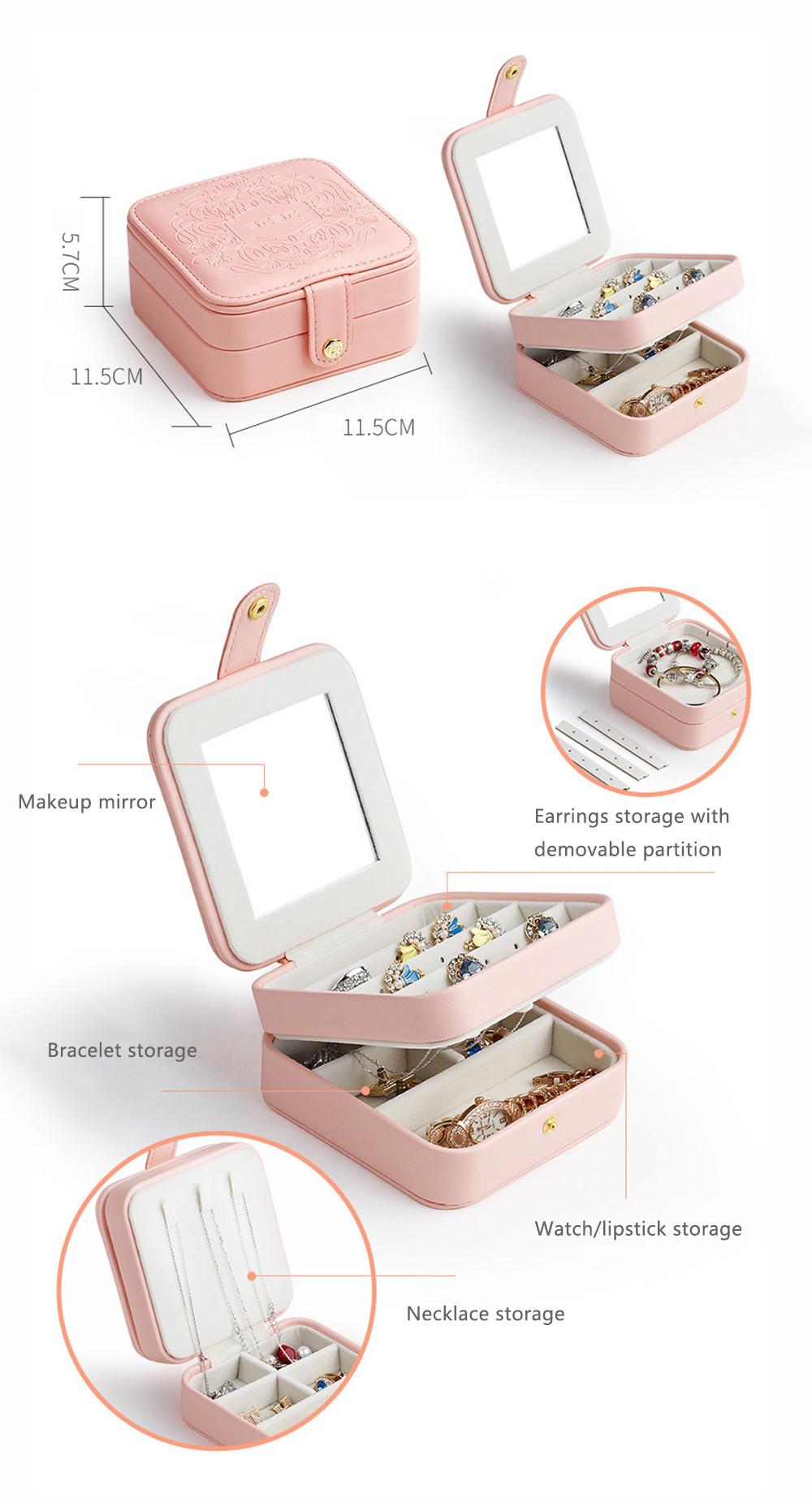 Detachable Partitions Portable Travel Jewelry Case , Two Layer Jewelry Box 11.5*11.5*5.7cm