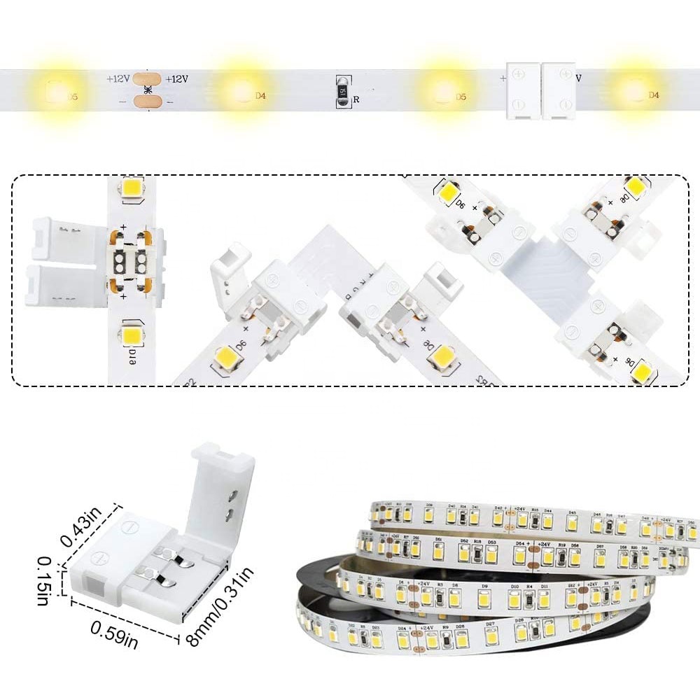 Waterproof IP20 COB LED Strip Connectors for 8mm 10mm Strip to Strip Plastic L-Shaped