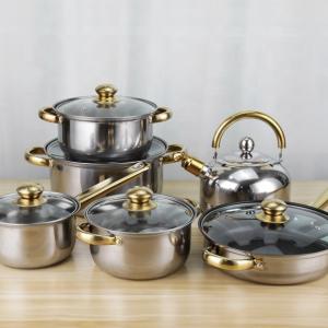 China High Quality Kitchen Cooking Pot Set 12 Pcs Stainless Steel Cookware Set With Golden Handle wholesale