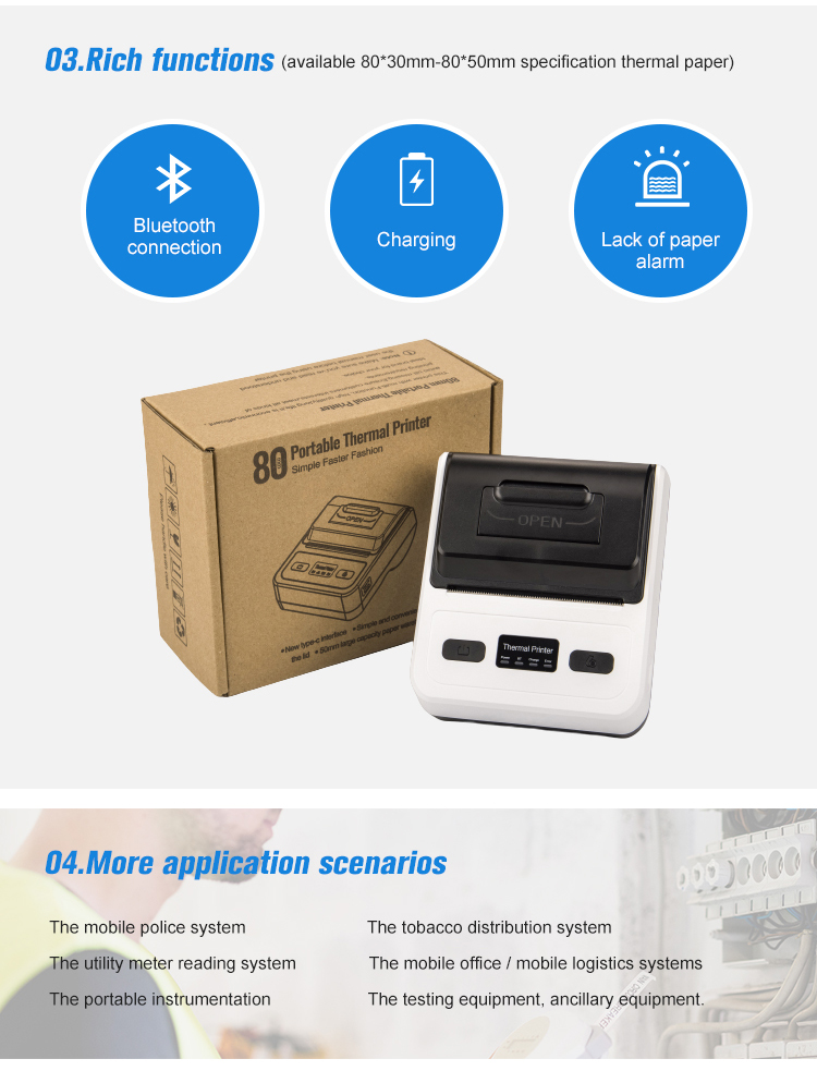 Compact and Portable 80mm Thermal Bill Printer Wireless USB Interface Symbols Content