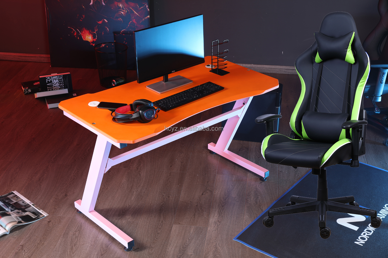 PU Castors Leather Reclining Gamer Chair with LED Light Bar Racer RGB Gaming Chair