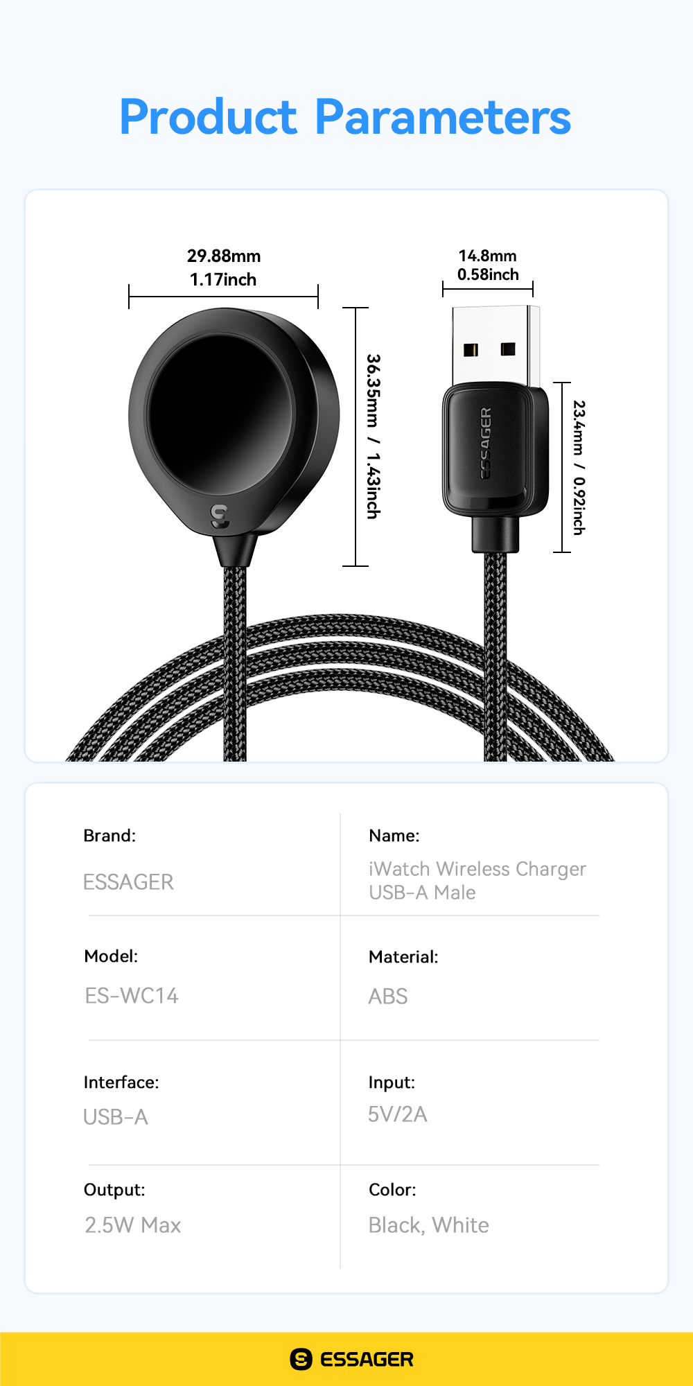 ESSAGER ES-WC14 Series Wireless Watch Charger 5V/2A Input 2.5W MAX