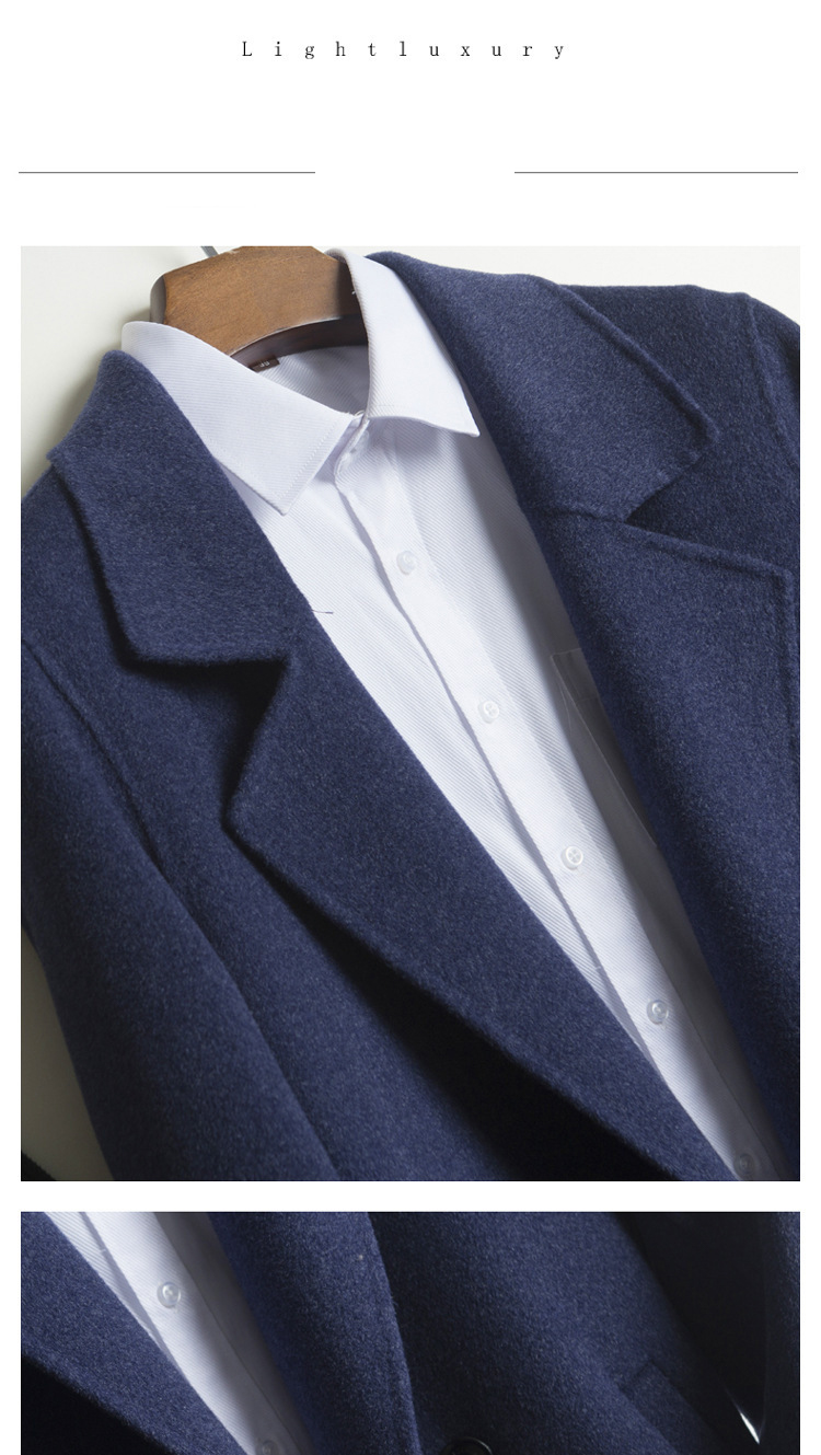 Men's Autumn Winter Lapel Turn-down Collar Double-Breasted Long Slim Woollen Overcoat