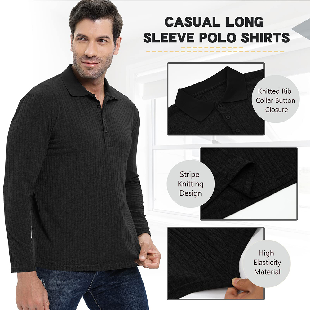 Custom Polo T Shirt Rib Knit Men's Muscle Fit Long Sleeve Workout Tee for Gym and Golf