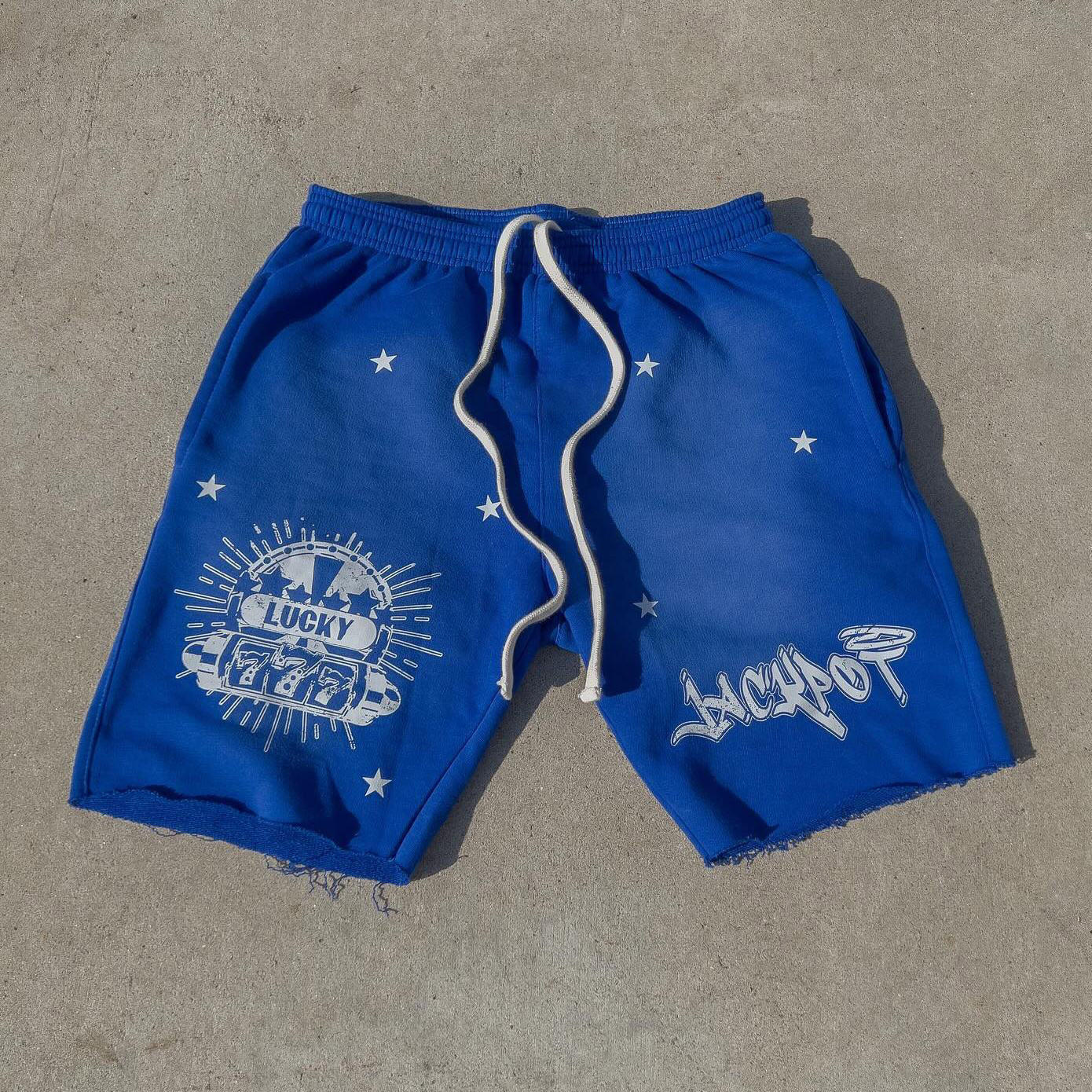 Men's Elastic High Waist Raw Hem Washed Cotton Shorts with Custom Sun Faded Acid Wash