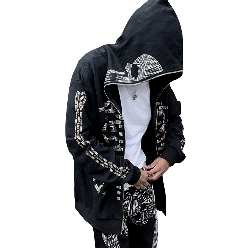 800 grams Hooded Zip Up Sweatshirt Men's Gothic Rhinestone Skull Graphic Print Jacket
