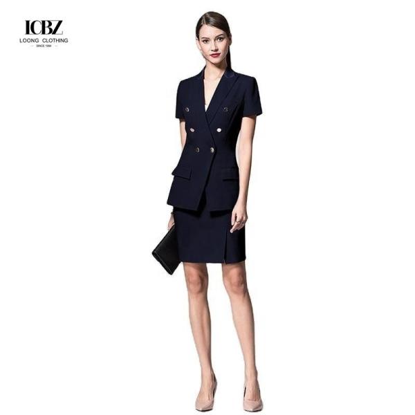 Dark Navy Slim Fit Blazer for Ladies Office Short Sleeve Women's Suits Collar V