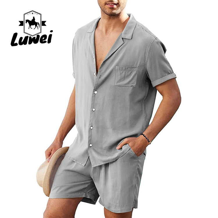 Summer Men Shorts Set Plain Flax Cotton Breathable Solid Color Two Piece Suit