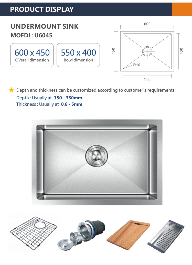 25 Inch Undermount Kitchen Sink , 60x45 16 Gauge Stainless Steel Sink