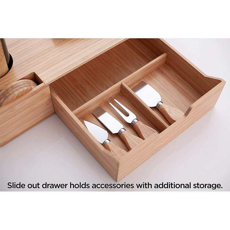 Customized Logo Acceptable Bamboo Cheese Serving Tray With Storage Drawer and Wine Set