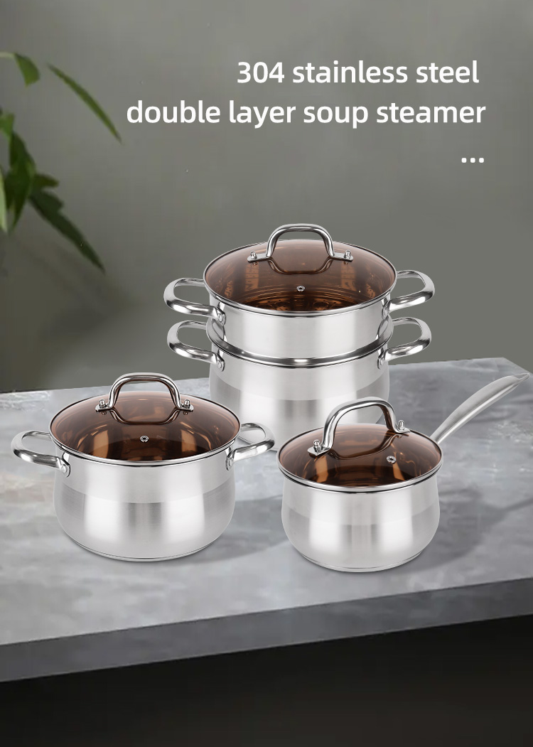 Wholesale 18/8 Stainless Steel Cooking Soup Pot Set Kitchen Ware Double Bottom Induction Pan & Pot Set Cookware Set