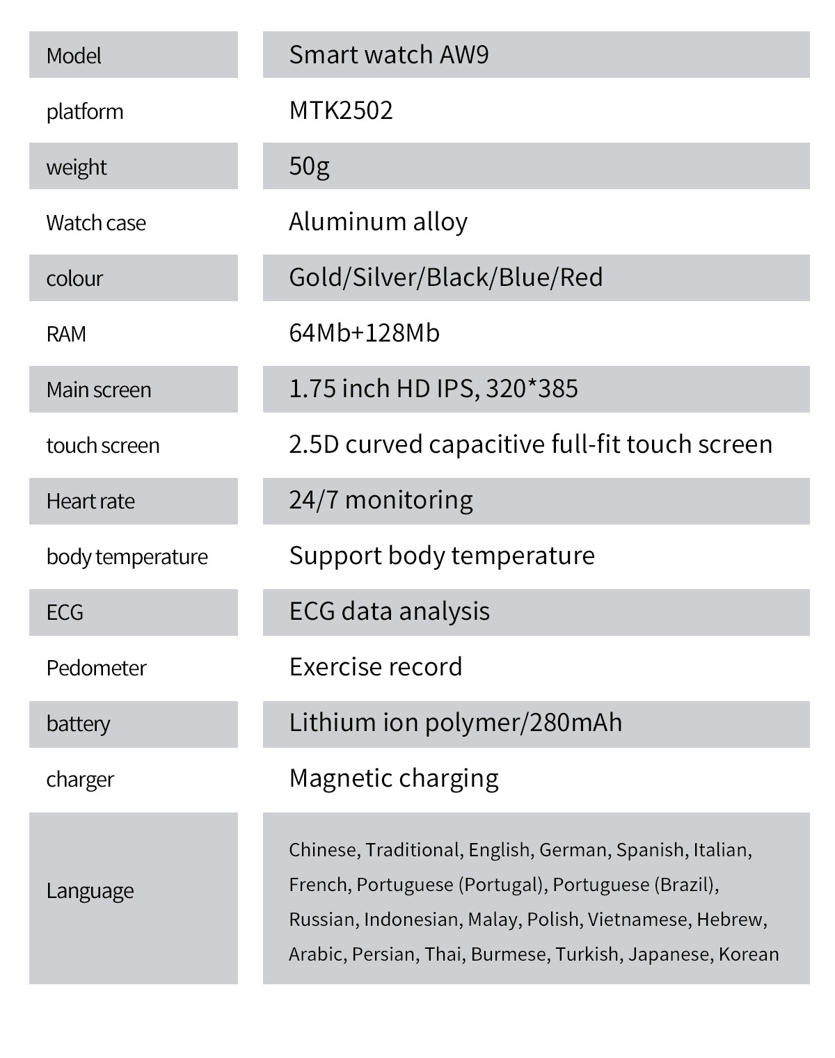 AW9 Smart watch BT3.0 BT4.0 Square Shape SMS Receiving Call Reminder