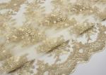 Golden Corded Floral Embroidered Tulle Fabric Scalloped Edge For Wedding Dresses